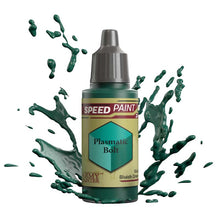 The Army Painter Speedpaint Plasmatic Bolt bottle with vivid bluish green paint splashes highlighting one-coat miniature painting.