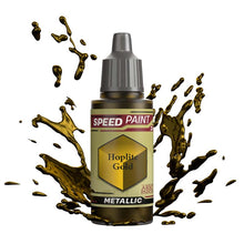 The Army Painter Speedpaint Metallic Hoplite Gold bottle with dynamic gold paint splashes showcasing vibrant one-coat coverage.