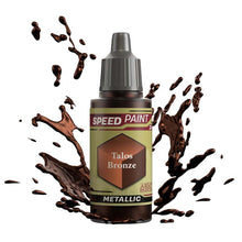 The Army Painter Speedpaint Metallic Talos Bronze bottle with dynamic bronze paint splashes showing vibrant one-coat miniature paint.