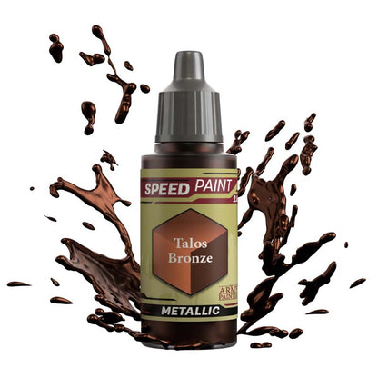 The Army Painter Speedpaint Metallic Talos Bronze bottle with dynamic bronze paint splashes showing vibrant one-coat miniature paint.
