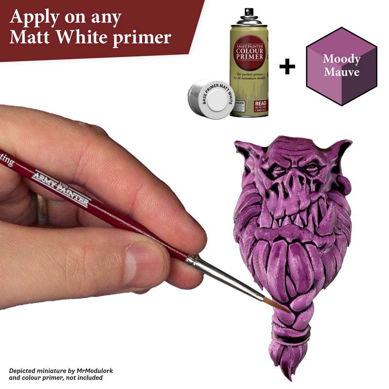 The Army Painter Speedpaint Moody Mauve applied with brush on detailed miniature for one-coat vibrant paint and shading.