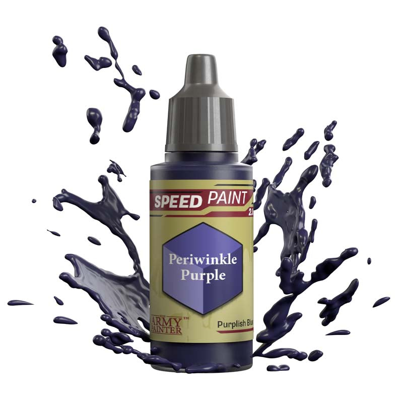 The Army Painter Speedpaint Periwinkle Purple bottle with dynamic splashes of rich purple-blue paint around it.