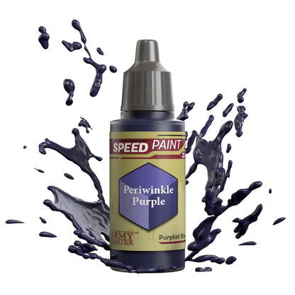 The Army Painter Speedpaint Periwinkle Purple bottle with dynamic splashes of rich purple-blue paint around it.