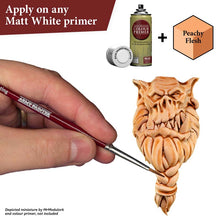 The Army Painter Speedpaint Peachy Flesh showing detailed miniature painting with vibrant shading on primed surface.