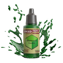 The Army Painter Speedpaint Shamrock Green bottle with vibrant green paint splash for miniature painting.