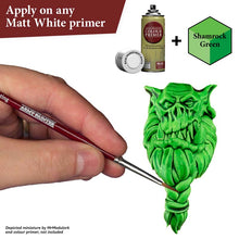 The Army Painter Speedpaint Shamrock Green applying vibrant, one-coat vivid green paint for quick miniature shading and highlighting.