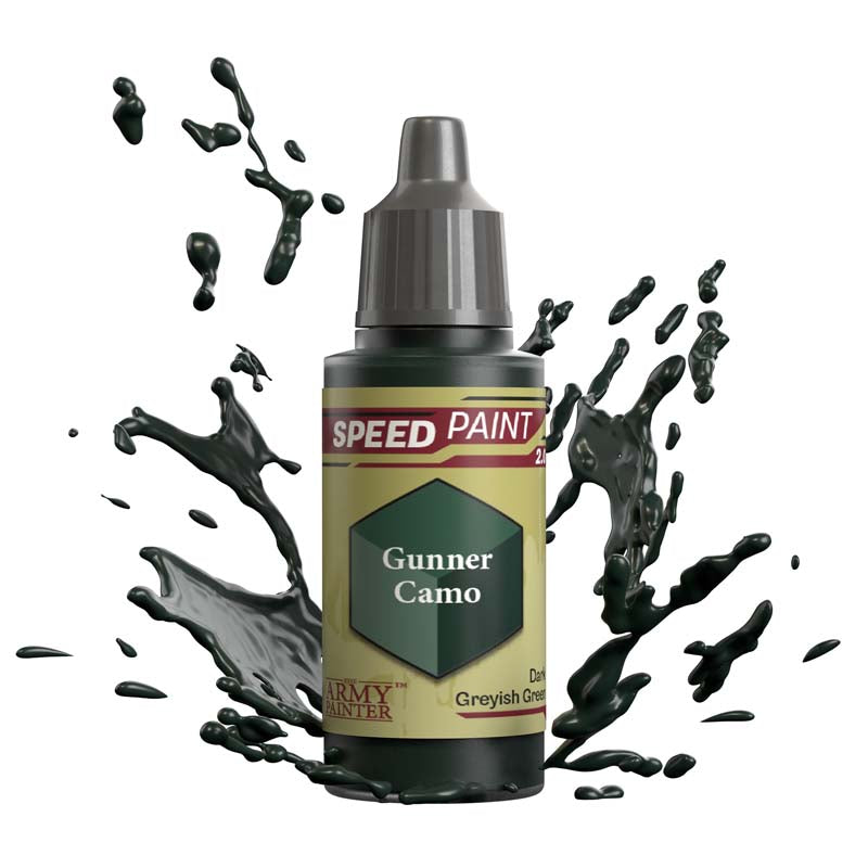 The Army Painter Speedpaint Gunner Camo bottle with dark greyish green paint splashing dynamically around it.