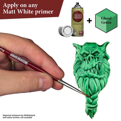 The Army Painter Speedpaint Ghoul Green applied on a miniature over matt white primer for vibrant shading and highlights.