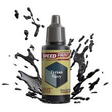 The Army Painter Speedpaint Tyrian Navy bottle with blackish blue paint splashing, one-coat miniature paint solution.