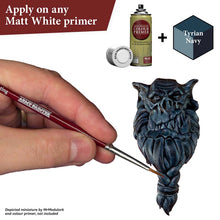 The Army Painter Speedpaint Tyrian Navy applied with brush on a detailed miniature over white primer for shading and highlights.
