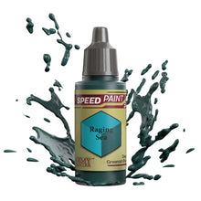 The Army Painter Speedpaint Raging Sea deep greenish blue paint bottle with dynamic paint splash effect.