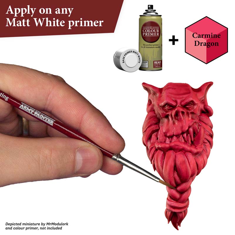 The Army Painter Speedpaint Carmine Dragon shows vibrant pinkish red one-coat paint for miniatures with easy shading and highlights.
