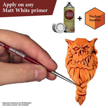 The Army Painter Speedpaint Nuclear Sunrise applying vivid orange one-coat paint on miniature detail.