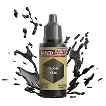The Army Painter Speedpaint Noble Skin bottle with dark brown paint splashes showcasing one-coat miniature painting solution.