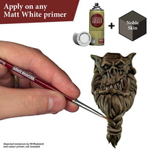 The Army Painter Speedpaint Noble Skin showing one-coat miniature painting with Dark Brown shade on primed model.