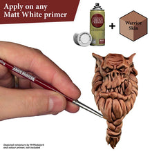 The Army Painter Speedpaint Warrior Skin showing one-coat rich coverage on a detailed miniature face with light reddish brown tone.