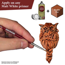 The Army Painter Speedpaint Ruddy Fur applied on a detailed miniature over matt white primer for rich reddish brown shading.
