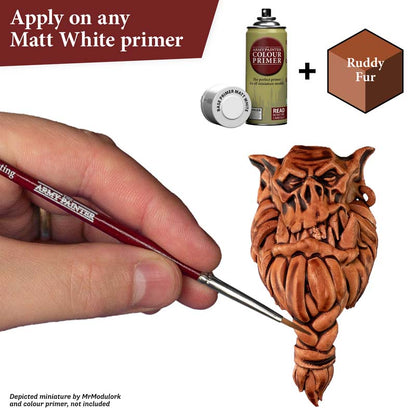 The Army Painter Speedpaint Ruddy Fur applied on a detailed miniature over matt white primer for rich reddish brown shading.