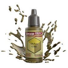 The Army Painter Speedpaint Ochre Clay bottle with dynamic splashes of strong greenish yellow paint around it.