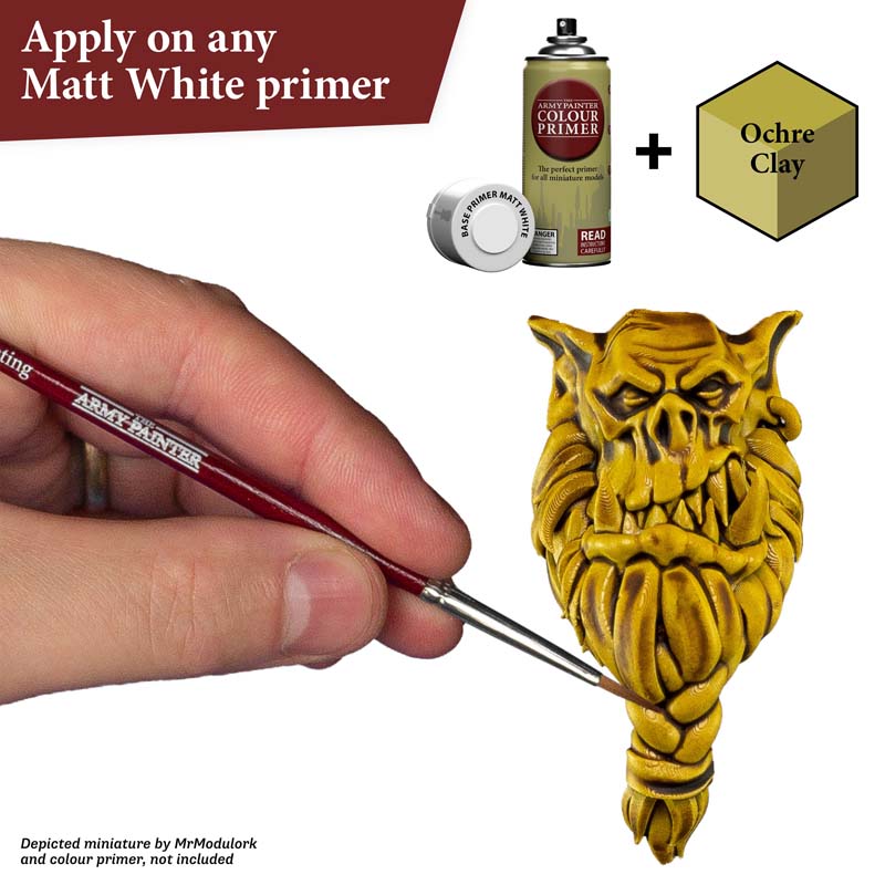 The Army Painter Speedpaint Ochre Clay applied on miniature over white primer showing vibrant shading and highlighting effects.