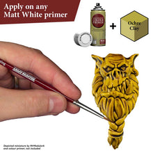 The Army Painter Speedpaint Ochre Clay applied on miniature over white primer showing vibrant shading and highlighting effects.