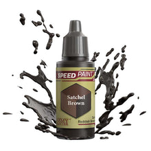 The Army Painter Speedpaint Satchel Brown bottle with dark reddish brown paint splashes around it in motion.