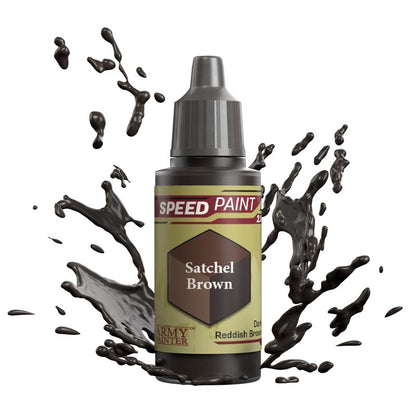 The Army Painter Speedpaint Satchel Brown bottle with dark reddish brown paint splashes around it in motion.