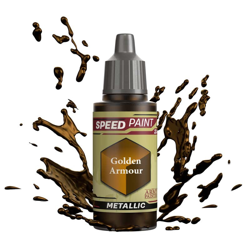 The Army Painter Speedpaint Metallic Golden Armour bottle with dynamic gold paint splashes and metallic finish details.