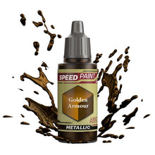 The Army Painter Speedpaint Metallic Golden Armour bottle with dynamic gold paint splashes and metallic finish details.