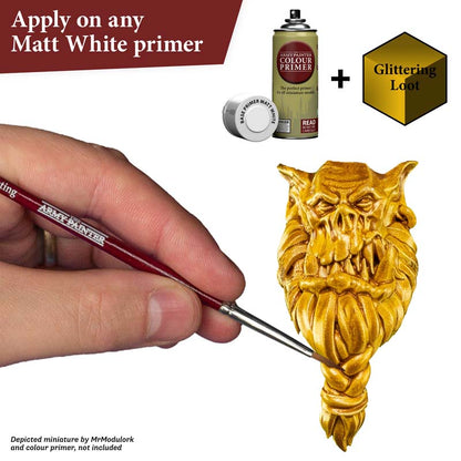 The Army Painter Speedpaint Metallic Glittering Loot shows detailed casting painted with one coat for vibrant metallic shading and highlights.