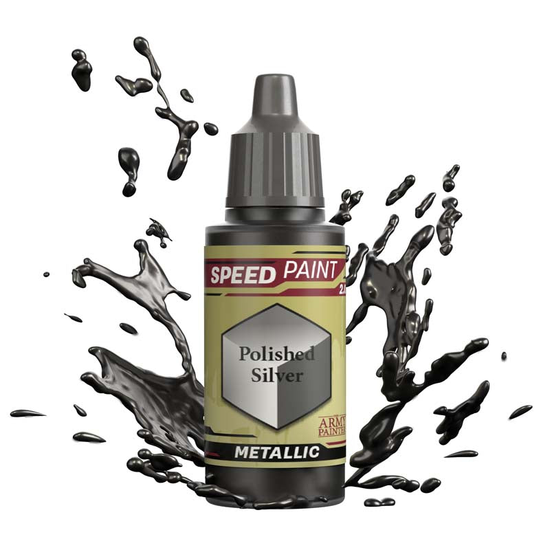The Army Painter Speedpaint Metallic Polished Silver bottle with dynamic silver paint splash surrounding it.