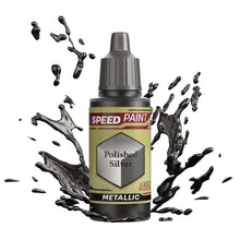 The Army Painter Speedpaint Metallic Polished Silver bottle with dynamic silver paint splash surrounding it.