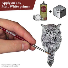 The Army Painter Speedpaint Metallic Polished Silver showing easy application on a miniature over white primer.
