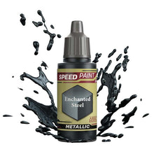 The Army Painter Speedpaint Metallic Enchanted Steel bottle with dynamic black metallic paint splash highlights its one-coat miniature paint formula.