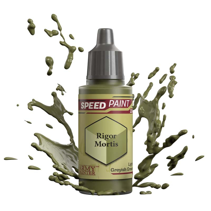 The Army Painter Speedpaint Rigor Mortis in Light Greyish Green with dynamic paint splash effect.