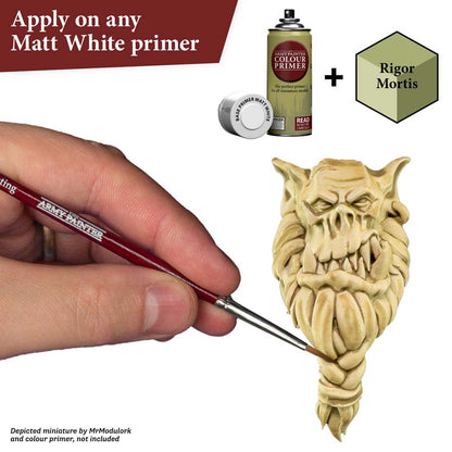 The Army Painter Speedpaint Rigor Mortis applying light greyish green one-coat miniature paint for fast, vibrant shading and highlights.