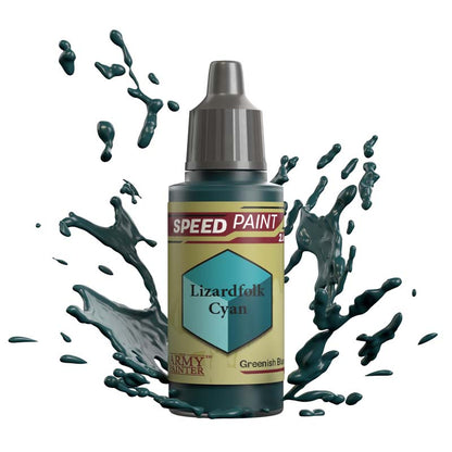 The Army Painter Speedpaint Lizardfolk Cyan in greenish blue with splash effects and spill-free dropper bottle.