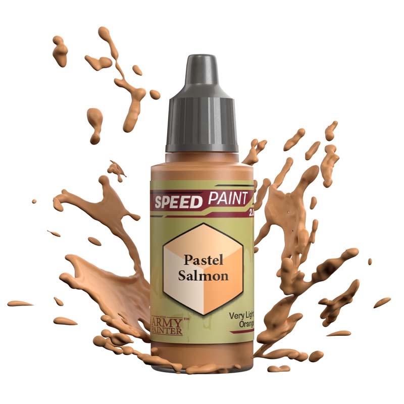 The Army Painter Speedpaint Pastel Salmon bottle with paint splashes illustrating vibrant one-coat miniature paint.