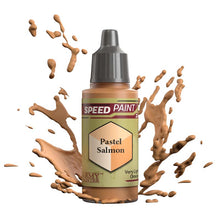 The Army Painter Speedpaint Pastel Salmon bottle with paint splashes illustrating vibrant one-coat miniature paint.