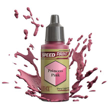 The Army Painter Speedpaint Princess Pink bottle with vibrant pink paint splashes showcasing one-coat miniature painting efficiency