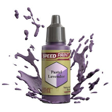 The Army Painter Speedpaint Pastel Lavender bottle with vibrant light purple paint splashes demonstrating one-coat miniature paint.