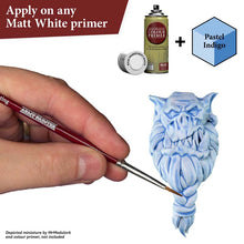 The Army Painter Speedpaint Pastel Indigo showing one-coat vibrant blue paint on miniature over white primer.