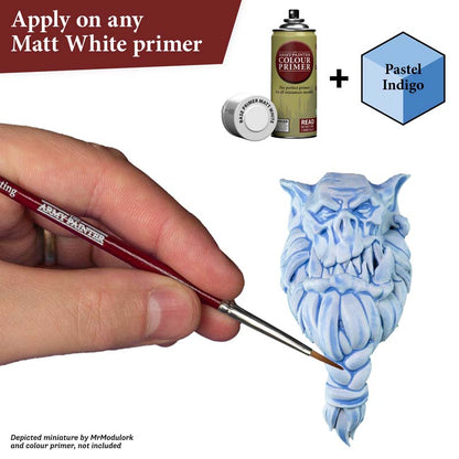 The Army Painter Speedpaint Pastel Indigo showing one-coat vibrant blue paint on miniature over white primer.