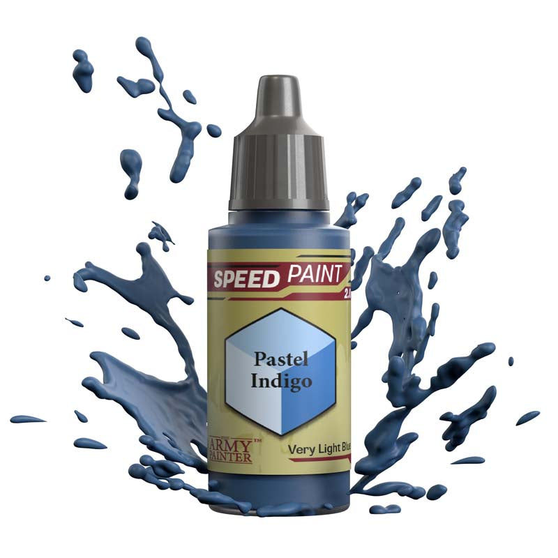 The Army Painter Speedpaint Pastel Indigo in an 18ml bottle with vibrant very light blue paint splash.