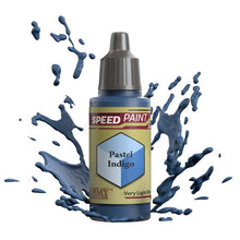 The Army Painter Speedpaint Pastel Indigo in an 18ml bottle with vibrant very light blue paint splash.