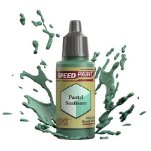 The Army Painter Speedpaint Pastel Seafoam bottle with vivid splash, one-coat miniature painting paint in very light green.