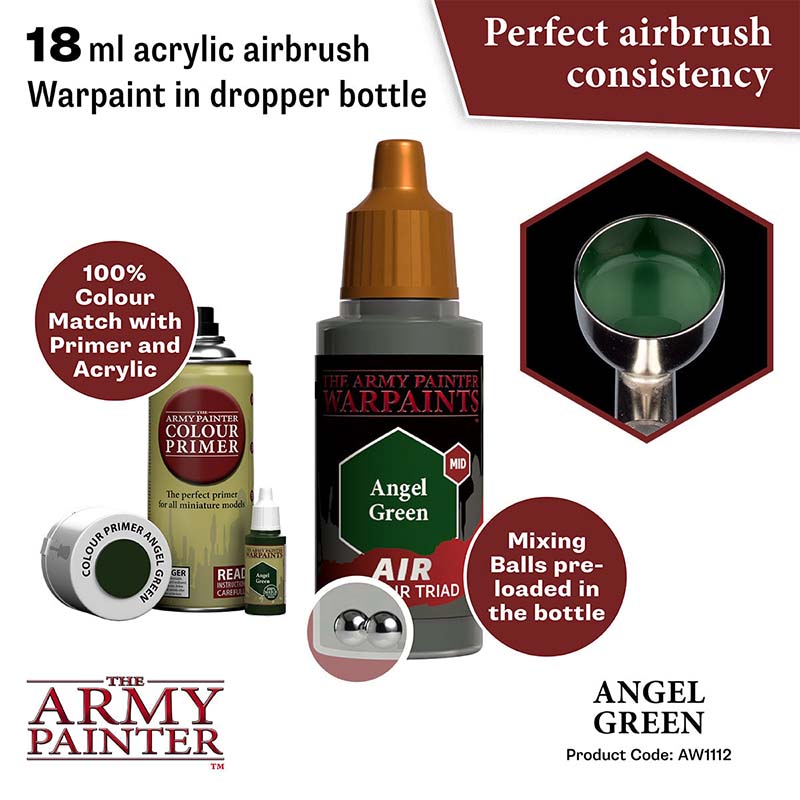 The Army Painter Air Angel Green 18ml acrylic airbrush warpaint with preloaded mixing balls and perfect airbrush consistency