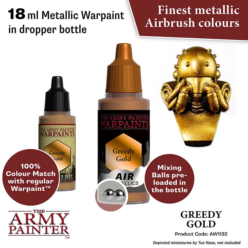The Army Painter Air Greedy Gold 18ml metallic airbrush warpaint with mixing balls and color match.