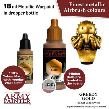 The Army Painter Air Greedy Gold 18ml metallic airbrush warpaint with mixing balls and color match.