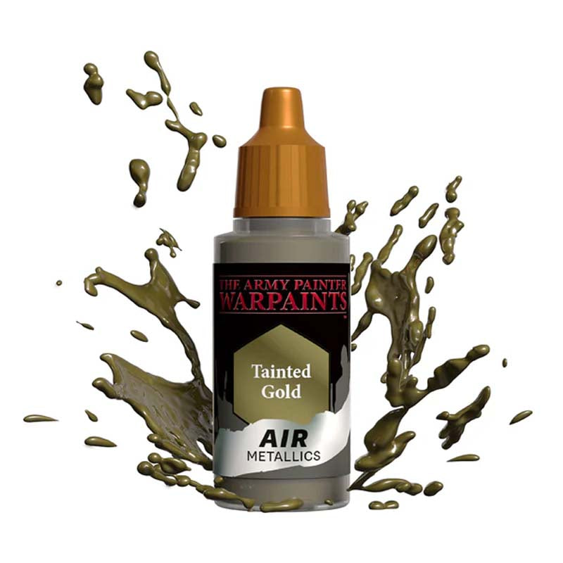The Army Painter Air Tainted Gold bottle with metallic gold paint splashes ready for airbrushing without thinning.